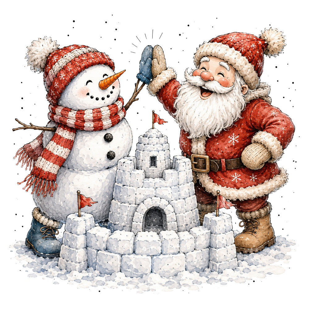 christmas, holiday, santa, snowman, winter, snow, red and white, cream, rust red, festive, whimsical, traditional, nostalgic, snow castle, children's, seasonal, vintage christmas, jolly, cheerful, character, illustration, wintery, decorative, snow scene, family friendly, textile art, children fabric, holiday themed, christmas characters, snowy landscape
