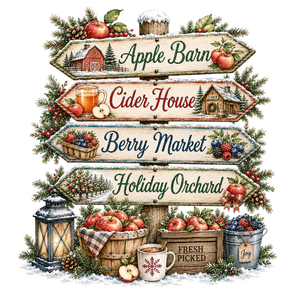 apple barn, cider house, berry market, holiday orchard, red apples, forest green, cream, rustic, farmhouse, vintage, autumn, fall, harvest, winter, holiday, Christmas, directional, signpost, barn, orchard, berries, apples, cider, pastoral, country, traditional, nostalgic, seasonal, decorative, nature-inspired