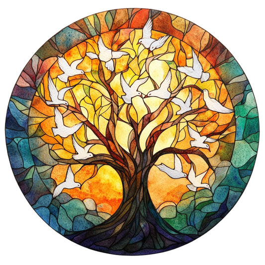stained glass, tree of life, white doves, peace, spiritual, nature, botanical, golden yellow, orange, teal, turquoise, blue, purple, warm colors, cool colors, circular mandala, symmetrical, whimsical, bohemian, modern, elegant, birds, branches, leaves, autumn, spring, wall hanging, home decor, meditation, inspirational