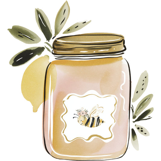 honey jar, bee, lemon, botanical, nature, insects, spring, summer, farmhouse, cottage core, whimsical, vintage, hand-painted, watercolor, sage green, golden yellow, soft pink, cream, neutral tones, garden, wildflowers, herbal, rustic, sweet, honey theme, illustrated, decorative panel, home decor, kitchen themed, natural elements