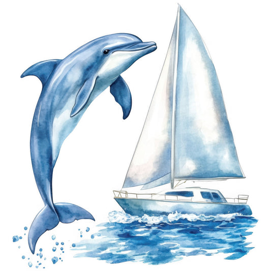 dolphin, sailboat, nautical, ocean, sea, marine, coastal, light blue, sky blue, white, azure, water, waves, sailing, beach, summer, whimsical, peaceful, serene, nature, animals, maritime, tropical, adventure, watercolor, elegant, tranquil, seaside, boat, jumping dolphin
