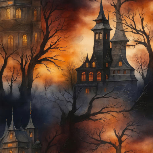 haunted house, gothic, halloween, spooky, dark orange, burnt orange, golden yellow, cream, charcoal black, dark gray, atmospheric, moody, eerie, mysterious, architectural, victorian mansion, bare trees, gnarled branches, twisted trees, creepy, autumn, fall, horror, dark fantasy, elegant gothic, vintage gothic, supernatural, dramatic sky, glowing windows, night scene