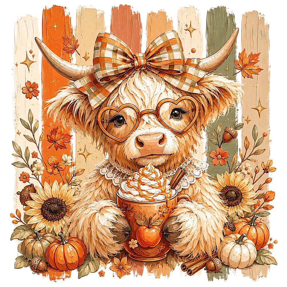 autumn, fall, orange, cream, ivory, beige, burnt orange, sage green, olive green, tan, rust, floral, plaid, checkered, whimsical, farmhouse, rustic, highland cattle, bull, cow, glasses, heart-shaped glasses, bow, sunflowers, pumpkins, acorns, leaves, stars, lace collar, apple