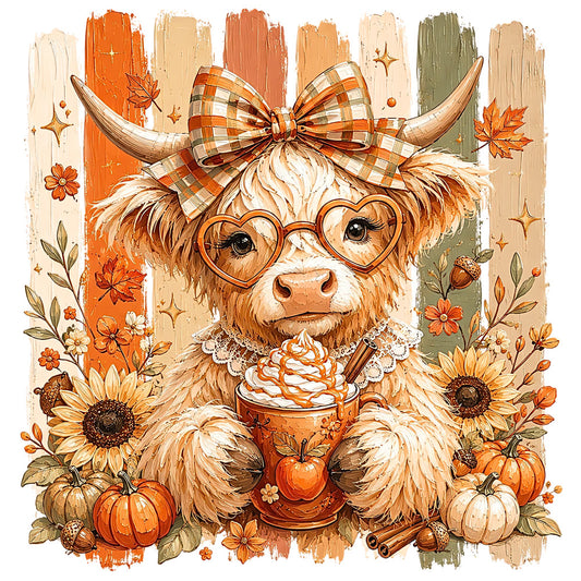 autumn, fall, orange, cream, ivory, beige, burnt orange, sage green, olive green, tan, rust, floral, plaid, checkered, whimsical, farmhouse, rustic, highland cattle, bull, cow, glasses, heart-shaped glasses, bow, sunflowers, pumpkins, acorns, leaves, stars, lace collar, apple