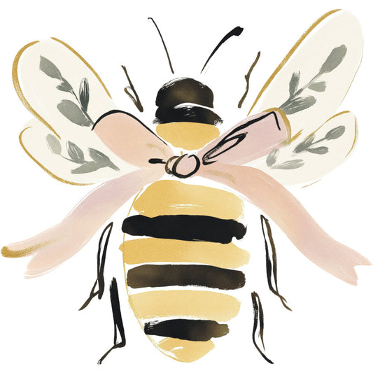 bee, honeybee, insects, nature, botanical, leaves, wings, striped, yellow and black, cream, blush pink, mauve, gold, olive green, sage green, whimsical, modern, feminine, spring, summer, garden, pollinator, honey bee, decorative, illustrative, hand-painted, soft colors, delicate wings, natural elements