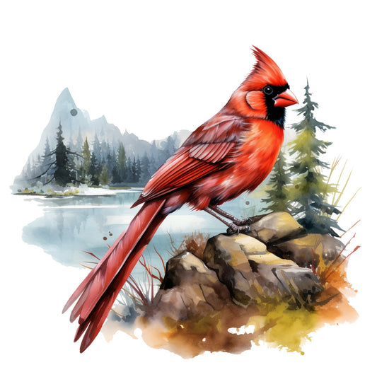 red cardinal, bird illustration, watercolor style, mountain landscape, pine trees, rocky outcrop, lake scene, nature wildlife, bright red plumage, black face markings, fabric panel, quilting cotton, wilderness setting, evergreen forest, misty mountains, perched bird, outdoor scene, vibrant colors, realistic artwork, winter bird