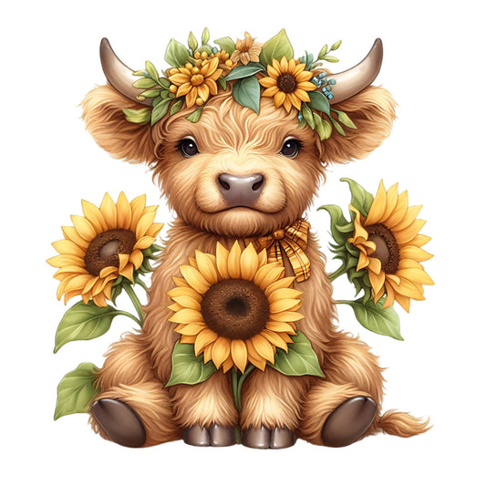 Sunflower Highland Cows Fabric Panel 21 featuring a cute Highland cow with sunflowers and floral crown on premium quilting cotton.