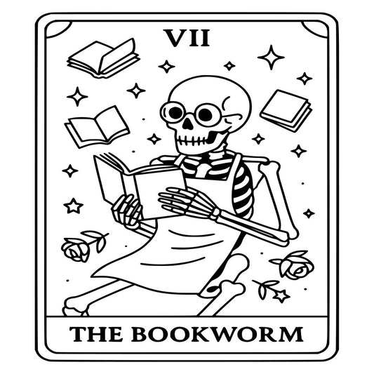 skeleton, tarot card, the bookworm, books, reading, literary, gothic, halloween, spooky, occult, mystical, celestial, stars, roses, black and white, monochrome, whimsical, vintage, dark academia, witchy, magical, bones, skull, alternative, goth, intellectual, bookish, moon phase, decorative, panel design