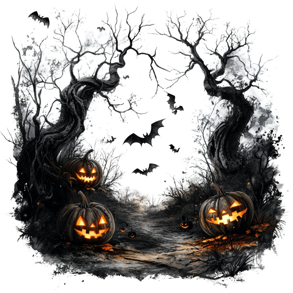 halloween, jack-o-lantern, pumpkin, spooky, haunted, autumn, fall, black, orange, gray, grey, white, glow, glowing, bats, dead trees, bare branches, creepy, eerie, gothic, horror, trick-or-treat, holiday, seasonal, dark, moody, atmospheric, wall hanging, home decor