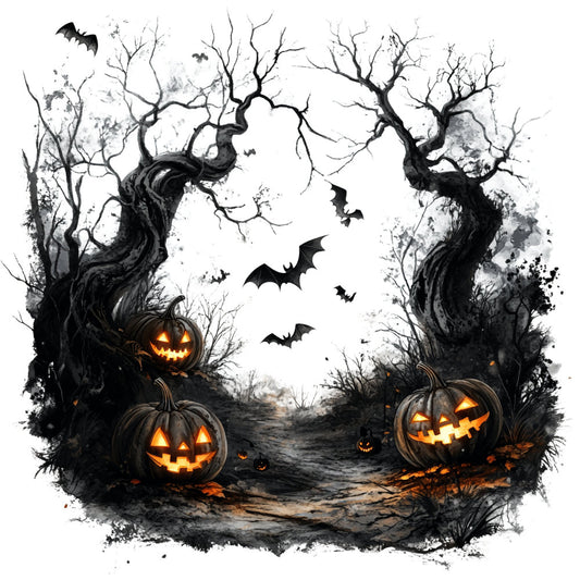 halloween, jack-o-lantern, pumpkin, spooky, haunted, autumn, fall, black, orange, gray, grey, white, glow, glowing, bats, dead trees, bare branches, creepy, eerie, gothic, horror, trick-or-treat, holiday, seasonal, dark, moody, atmospheric, wall hanging, home decor
