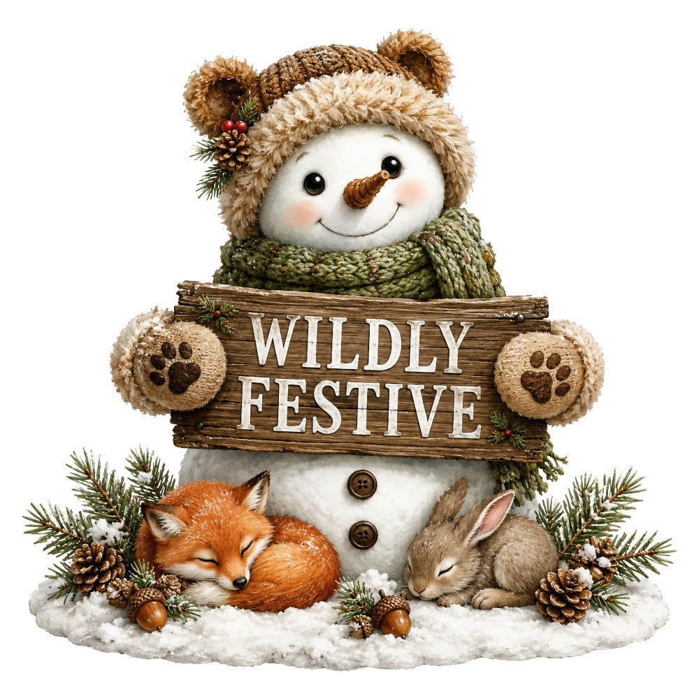wildly festive, snowman, woodland animals, fox, rabbit, winter, christmas, holiday, rustic, whimsical, nature, forest green, cream, tan, brown, rust orange, woodland theme, animal friends, cozy, festive, seasonal, winter wildlife, pine cones, evergreen, snow, cute animals, traditional, country style, wall hanging, home decor