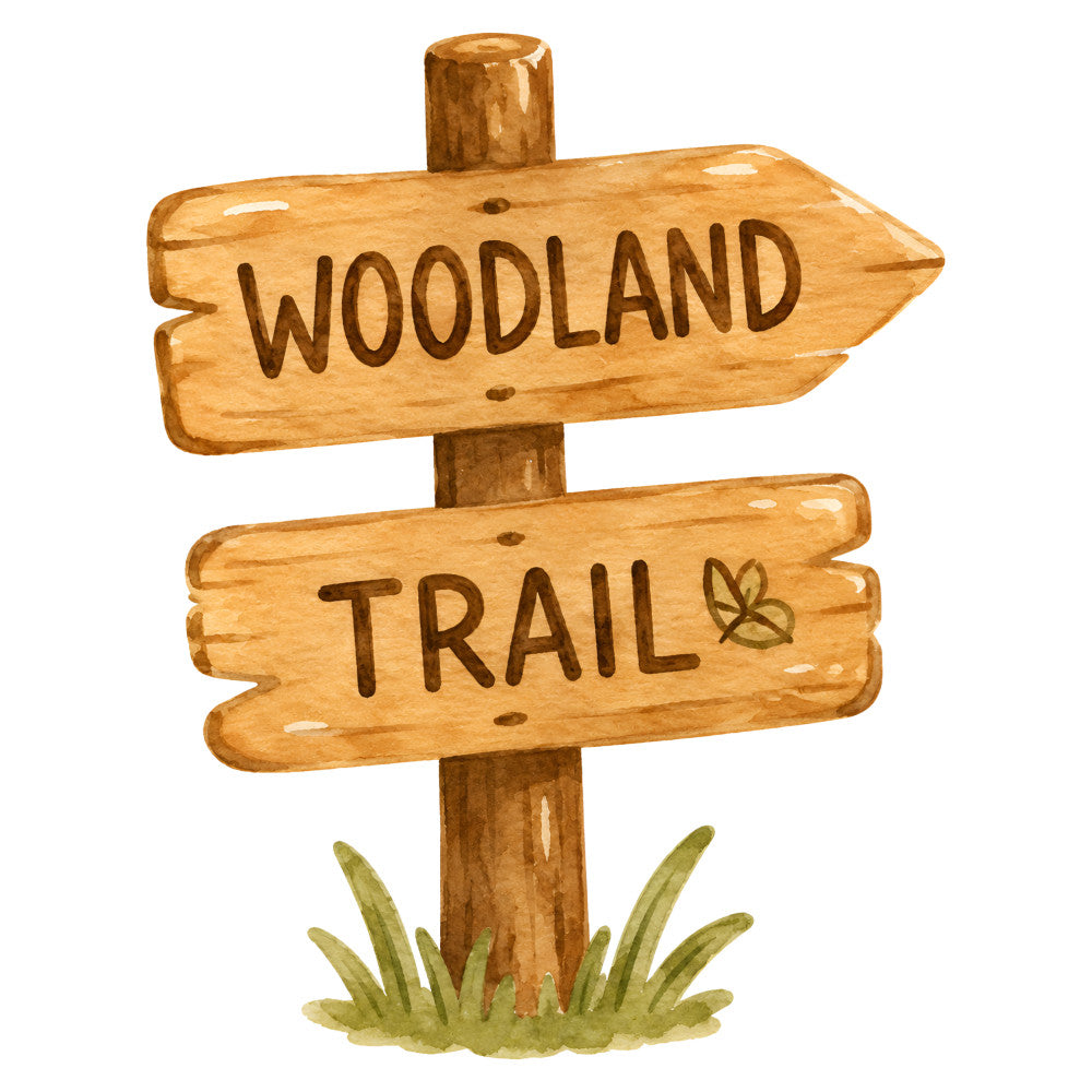 woodland trail, wooden sign, nature, rustic, outdoor, hiking, camping, forest, adventure, directional sign, brown, tan, natural wood tones, whimsical, novelty, children's, kids, boy, girl, nursery, nature theme, woodland creatures, trail marker, leaves, plants, grass, decorative, wall art, panel design, travel themed