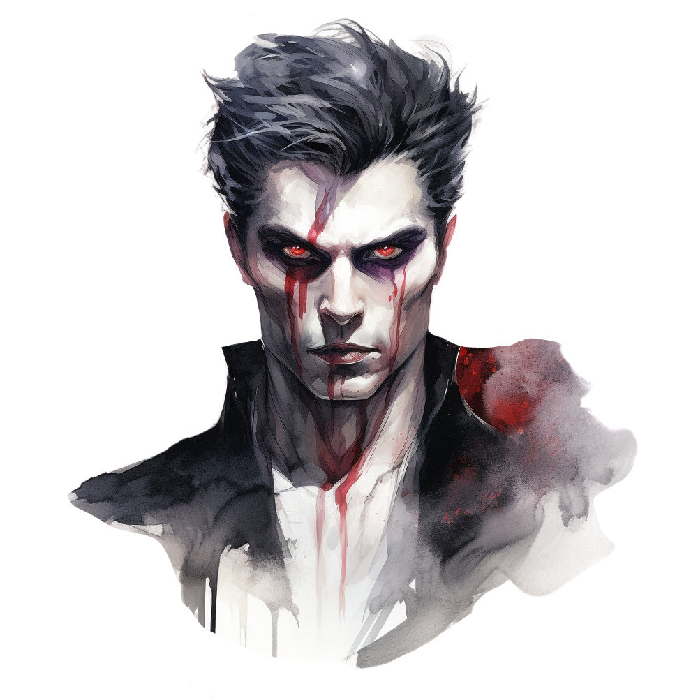 dark portrait, gothic, vampire, horror, dramatic, moody, black, white, red, crimson, blood red, pale skin, intense eyes, glowing eyes, supernatural, dark fantasy, edgy, modern art, abstract, watercolor effect, character illustration, dramatic makeup, theatrical, halloween, dark romance, goth aesthetic, urban fantasy, dramatic portrait