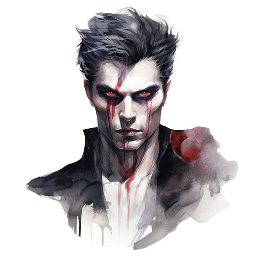dark portrait, gothic, vampire, horror, dramatic, moody, black, white, red, crimson, blood red, pale skin, intense eyes, glowing eyes, supernatural, dark fantasy, edgy, modern art, abstract, watercolor effect, character illustration, dramatic makeup, theatrical, halloween, dark romance, goth aesthetic, urban fantasy, dramatic portrait