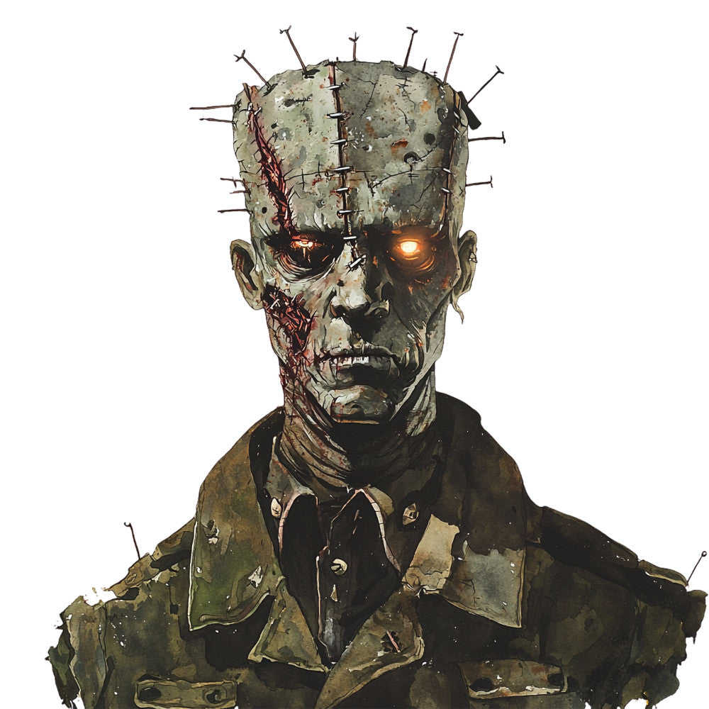 horror, dark, gothic, steampunk, skulls, dystopian, industrial, orange eyes, glowing eyes, creepy, spooky, dark fantasy, skull face, metal pins, chains, weathered, distressed, charcoal gray, olive green, rust orange, black, tan, bone white, abstract portrait, macabre, halloween, edgy, dark aesthetic, punk rock, alternative