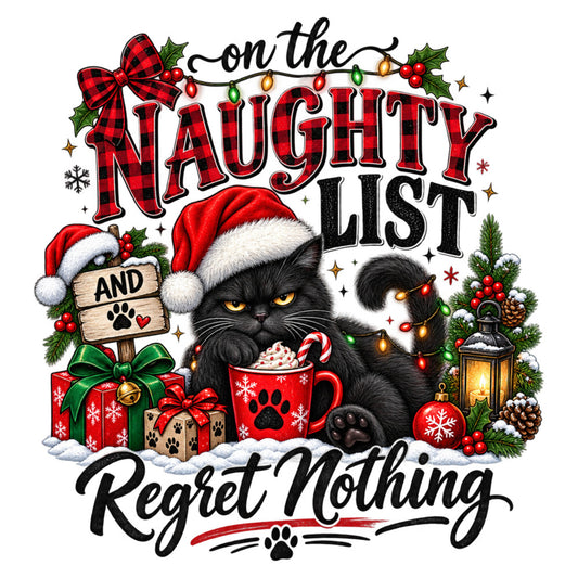 naughty list, christmas cat, black cat, holiday, red, forest green, gold, white, cream, plaid bow, candy cane, hot chocolate, paw prints, santa hat, festive, whimsical, humorous, funny, winter, christmas, seasonal, animals, cats, pet themed, gift boxes, holly berries, pine cones, lantern, snowflakes, playful