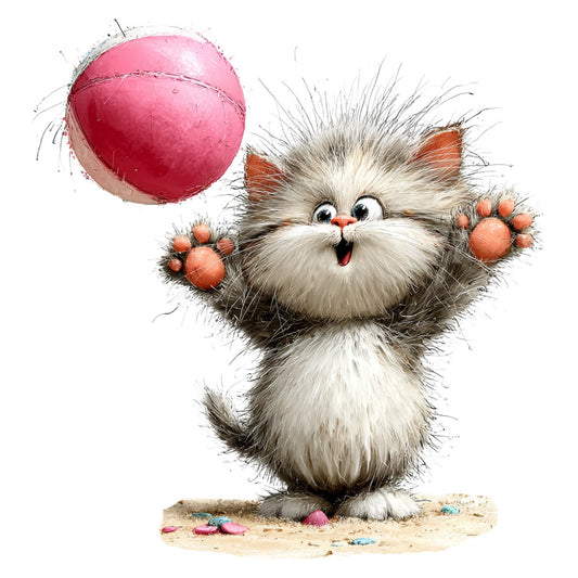 fluffy cat, adorable kitten, playful cat, whimsical animals, coral pink, warm gray, cream white, rust orange, sandy beige, cat lover, playful theme, children's fabric, kids fabric, cute animals, furry friends, beach theme, summer fun, happy expression, joyful design, animal motifs, tabby cat, pet themed, cheerful style, whimsical style, child-friendly, nursery fabric, storybook illustration