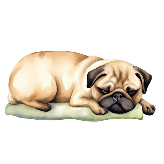 Watercolor Pug Fabric Panel 16 featuring a detailed, soft-toned illustration of a resting pug on a cushion, printed on premium cotton.