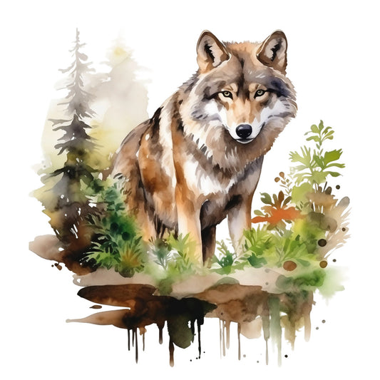 wolf, watercolor style, forest scene, earth tones, brown, tan, gray, green foliage, wildlife art, nature panel, sitting wolf, pine trees, woodland creature, fabric panel, quilting cotton, artistic drips, natural habitat, wilderness theme, animal portrait, muted colors