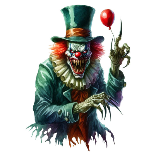 evil clown, horror clown, scary clown, dark clown, creepy clown, forest green, teal green, burgundy red, orange red, red balloon, top hat, menacing face, sinister, gothic, halloween, spooky, dark whimsical, macabre, theatrical, monster, character design, horror theme, dark fantasy, costume, villain, dramatic, intense, adult themed, wall art, decorative panel
