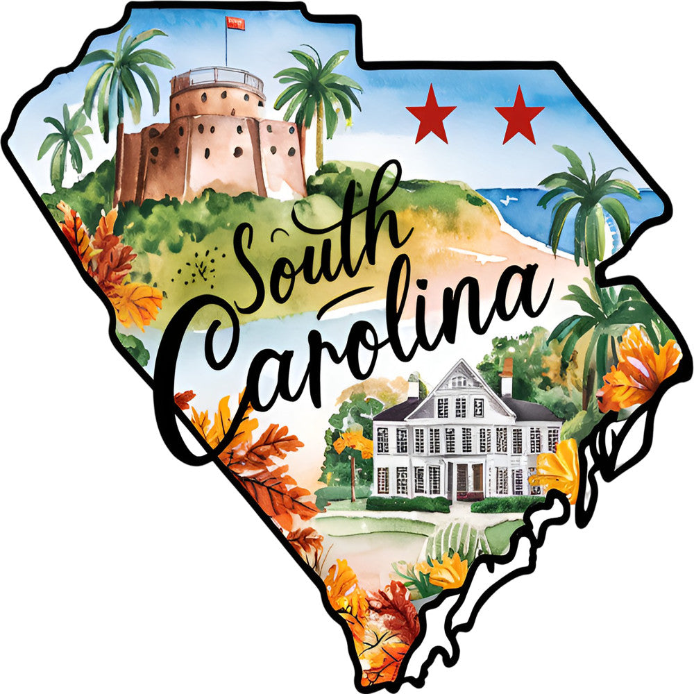 Classic US States Fabric Panel 8 featuring South Carolina with landmarks and coastal scenery on premium quilting cotton fabric.