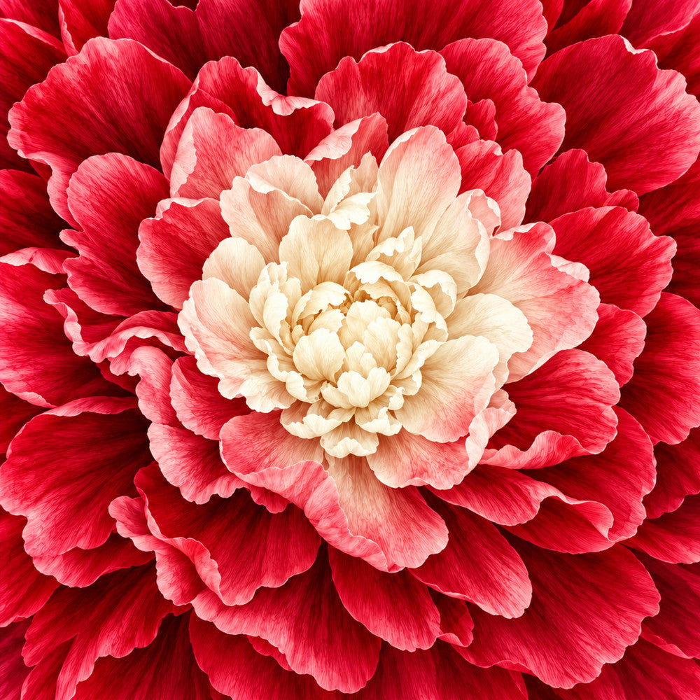 red peony, coral pink, cream, ivory, blush pink, deep red, floral, botanical, peony flower, layered petals, nature, elegant, romantic, traditional, garden, spring, summer, close-up bloom, full bloom, large scale floral, detailed petals, classic floral, timeless, vintage style, feminine, delicate, vibrant red