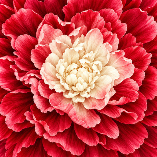 red peony, coral pink, cream, ivory, blush pink, deep red, floral, botanical, peony flower, layered petals, nature, elegant, romantic, traditional, garden, spring, summer, close-up bloom, full bloom, large scale floral, detailed petals, classic floral, timeless, vintage style, feminine, delicate, vibrant red