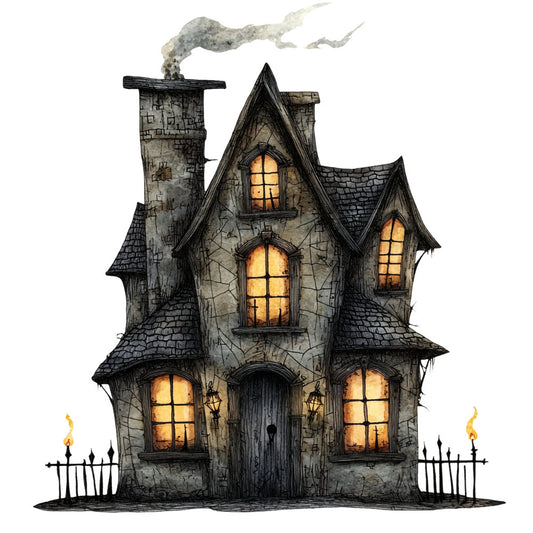 haunted house, spooky, halloween, gothic, dark gray, charcoal, cream, gold, orange glow, windows, door, chimney, brick, stone, vintage, whimsical, eerie, mysterious, autumn, fall, horror, creepy, witches, pumpkin season, haunted mansion, dark academia, monochromatic, architectural, victorian, lanterns