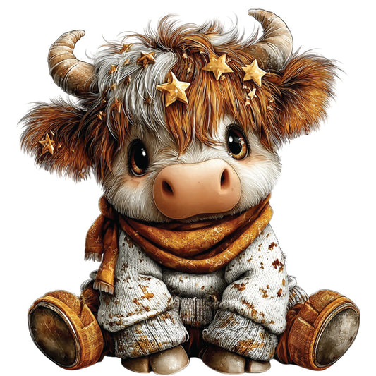 christmas highland cow, brown fur, white markings, golden stars, amber eyes, curved horns, knitted sweater, orange scarf, sitting pose, cute cartoon style, festive theme, winter clothing, fluffy hair, fabric panel, quilting cotton, seasonal design, holiday motif, adorable character, warm tones, cozy atmosphere