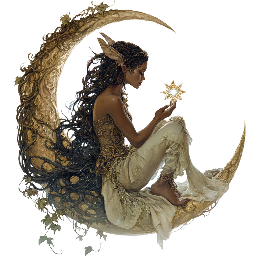 celestial, moon, stars, gold, cream, ivory, tan, black, dark brown, fantasy, whimsical, elegant, fairy tale, magical, nature, flowing fabrics, sleeping figure, dreamy, bohemian, vintage, ornate, decorative, mystical, enchanted, storybook, illustration art, woman figure, reclining pose, embellished, golden accents