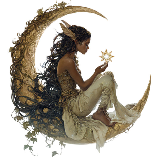 celestial, moon, stars, gold, cream, ivory, tan, black, dark brown, fantasy, whimsical, elegant, fairy tale, magical, nature, flowing fabrics, sleeping figure, dreamy, bohemian, vintage, ornate, decorative, mystical, enchanted, storybook, illustration art, woman figure, reclining pose, embellished, golden accents