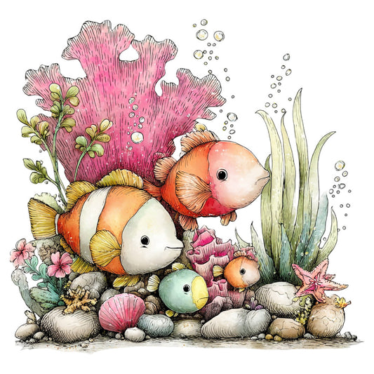 coral pink, orange, white, yellow, seafoam green, sage green, dusty rose, soft pink, clownfish, tropical fish, sea life, underwater, ocean, nautical, coral reef, seaweed, starfish, sea stars, shells, rocks, whimsical, children's, baby, aquatic, marine life, nature, spring, summer, playful, illustrated