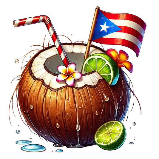 tropical, coconut, lime, flowers, floral, puerto rico, caribbean, hawaiian, summer, beach, vacation, vibrant, colorful, whimsical, fun, playful, fruit, citrus, tiki, island, striped straw, gold, cream, red, blue, white, botanical, festive, decorative, novelty