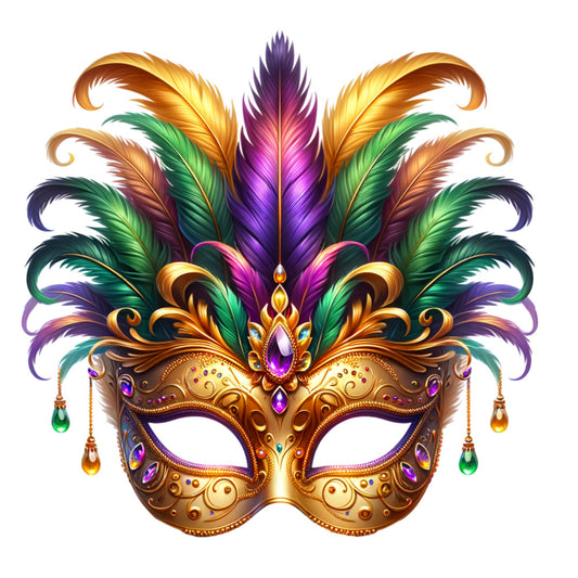 watercolor, mardi gras, carnival mask, feathers, purple, gold, green, ornate design, decorative swirls, gemstones, fabric panel, festive, masquerade, intricate details, vibrant colors, beading, jeweled accents, elaborate plumes, celebration theme, quilting cotton