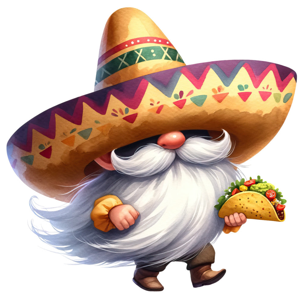 mexican gnome, sombrero, taco, mustache, white beard, colorful hat, zigzag patterns, geometric designs, orange, purple, green, red, yellow, festive character, whimsical illustration, fabric panel, quilting cotton, southwestern theme, cartoon style, cheerful mood