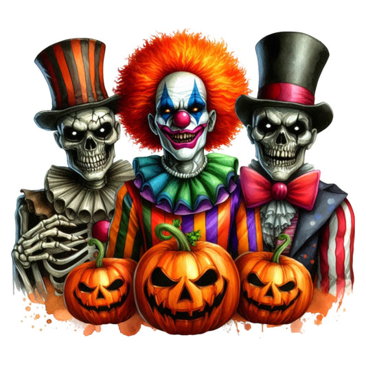 halloween, spooky, clown, skull, skeleton, pumpkin, jack-o-lantern, orange, red, black, green, purple, striped, colorful, festive, scary, creepy, vintage circus, theatrical, whimsical, dark humor, autumn, fall, horror, frightening, costume, hat, bowtie, ruff collar, trick-or-treat