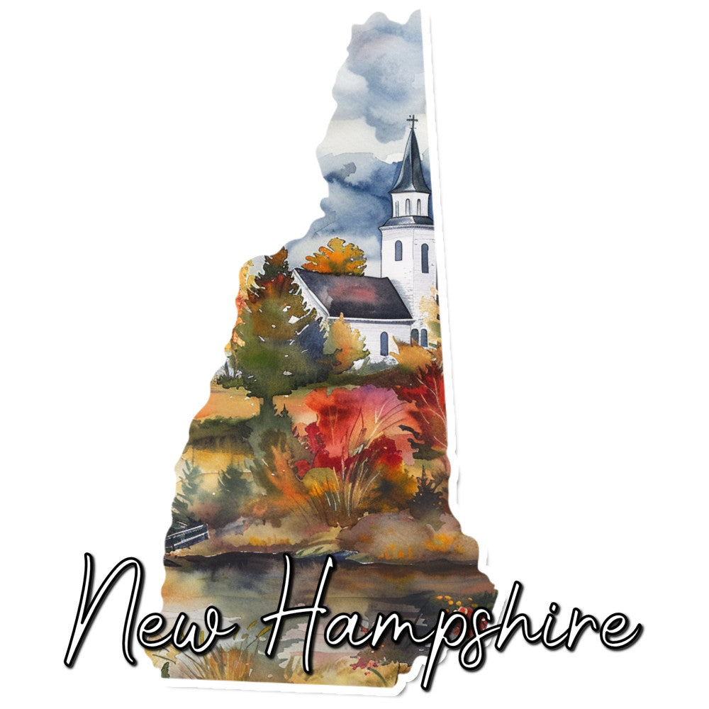 new hampshire, state map, watercolor, autumn, fall foliage, church, steeple, landscape, scenic, nature, gold, rust, red, orange, yellow, cream, blue, gray, mountains, trees, seasonal, rustic, whimsical, elegant, New England, travel, geography, home decor, wall hanging, traditional