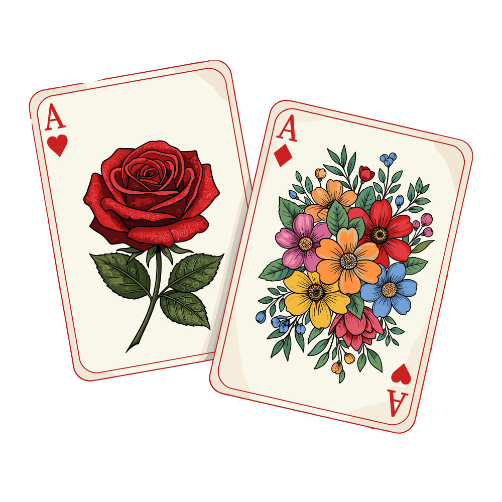 fabric panel, playing cards, ace of hearts, ace of diamonds, red rose, floral bouquet, cream background, red border, botanical illustration, vintage style, quilting cotton, card motifs, multicolored flowers, green leaves, gaming theme, crafting material, sewing project, decorative panel, cottage core, whimsical design