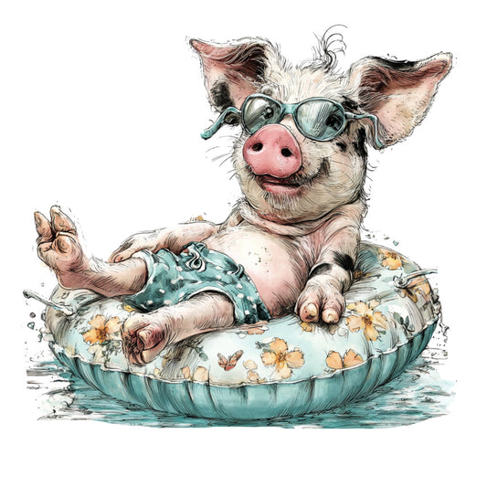 pig, farm animal, whimsical, humorous, funny, cute, pool float, summer, relaxation, vacation, teal, turquoise, cream, blush pink, coral pink, floral, butterflies, floats, floatie, farmhouse, playful, children, kids, novelty, illustration, watercolor style, beach theme, swimming, lazy days, whimsy
