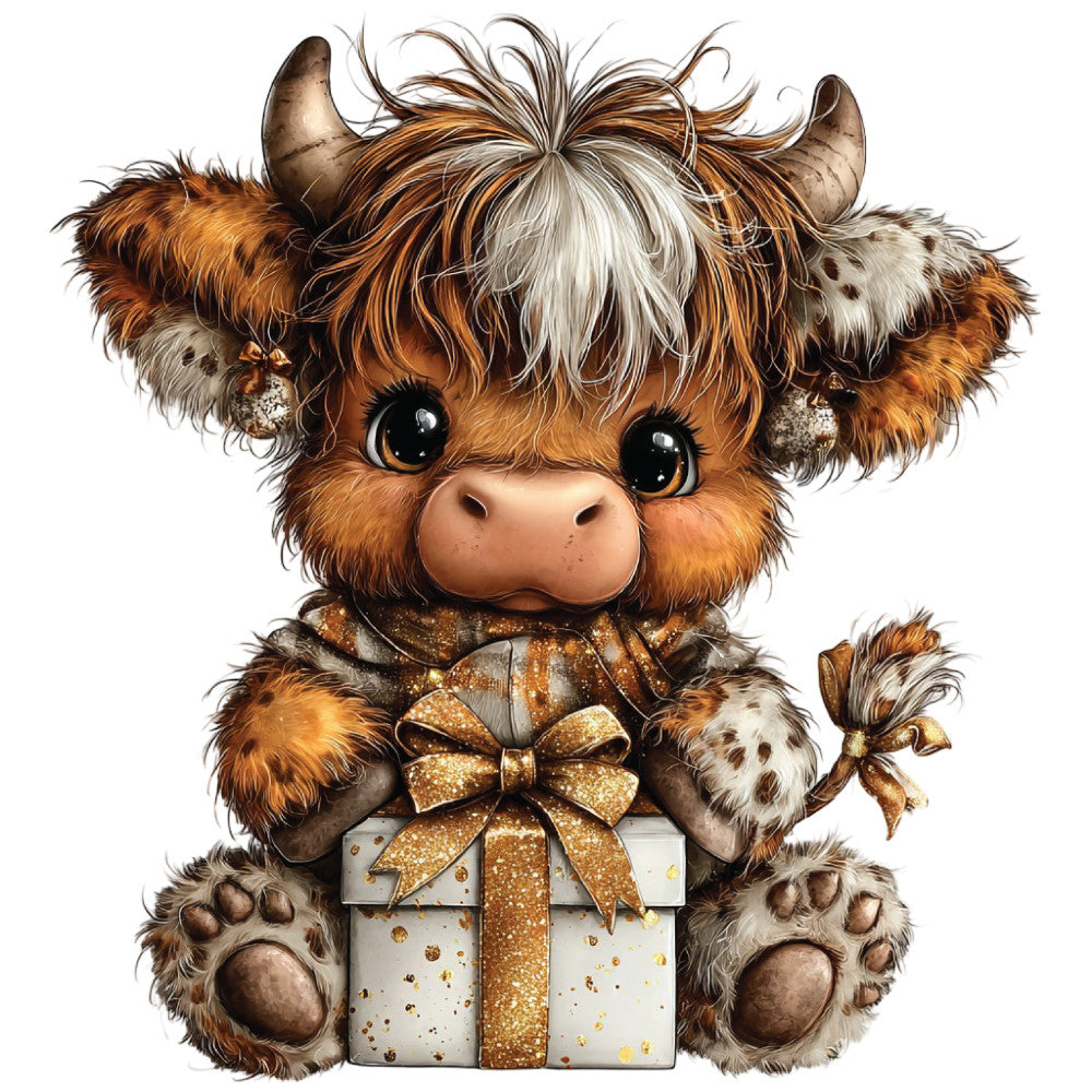 christmas highland cow, fabric panel, quilting cotton, brown fur, orange coat, white gift box, golden ribbon, festive bow, cute animal, baby cow, fluffy texture, holiday theme, winter character, adorable calf, rustic charm, seasonal motif, gift wrapping, sparkly accents, cozy design, children's fabric