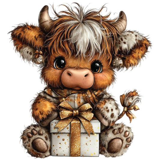 christmas highland cow, fabric panel, quilting cotton, brown fur, orange coat, white gift box, golden ribbon, festive bow, cute animal, baby cow, fluffy texture, holiday theme, winter character, adorable calf, rustic charm, seasonal motif, gift wrapping, sparkly accents, cozy design, children's fabric