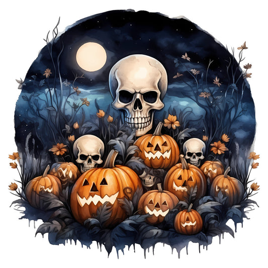 halloween, skulls, jack-o-lanterns, pumpkins, autumn, fall, spooky, scary, creepy, moonlight, night sky, dark blue, navy blue, orange, cream, skeleton, moon, stars, dead flowers, wilted plants, gothic, whimsical, festive, horror, eerie, haunted, celestial, seasonal, wall hanging, home decor