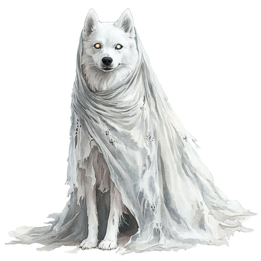 white dog, gray dog, husky, white husky, ghost, ghostly, supernatural, spooky, halloween, mystical, ethereal, winter, snow, draped fabric, shawl, elegant, fantasy, magical, monochrome, grayscale, black and white, spirit, paranormal, eerie, portrait, animal portrait, dog lover, winter theme, cool tones, neutral tones