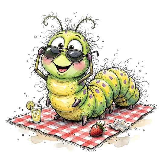 lime green, yellow, purple, pink, sunglasses, caterpillar, insects, whimsical, playful, cute, picnic, summer, children's, novelty, nature, garden, lemonade, strawberry, checkered, picnic blanket, quirky, humorous, cartoon style, fun, bright colors, kids fabric, animal characters, summer picnic theme, cheerful, animated