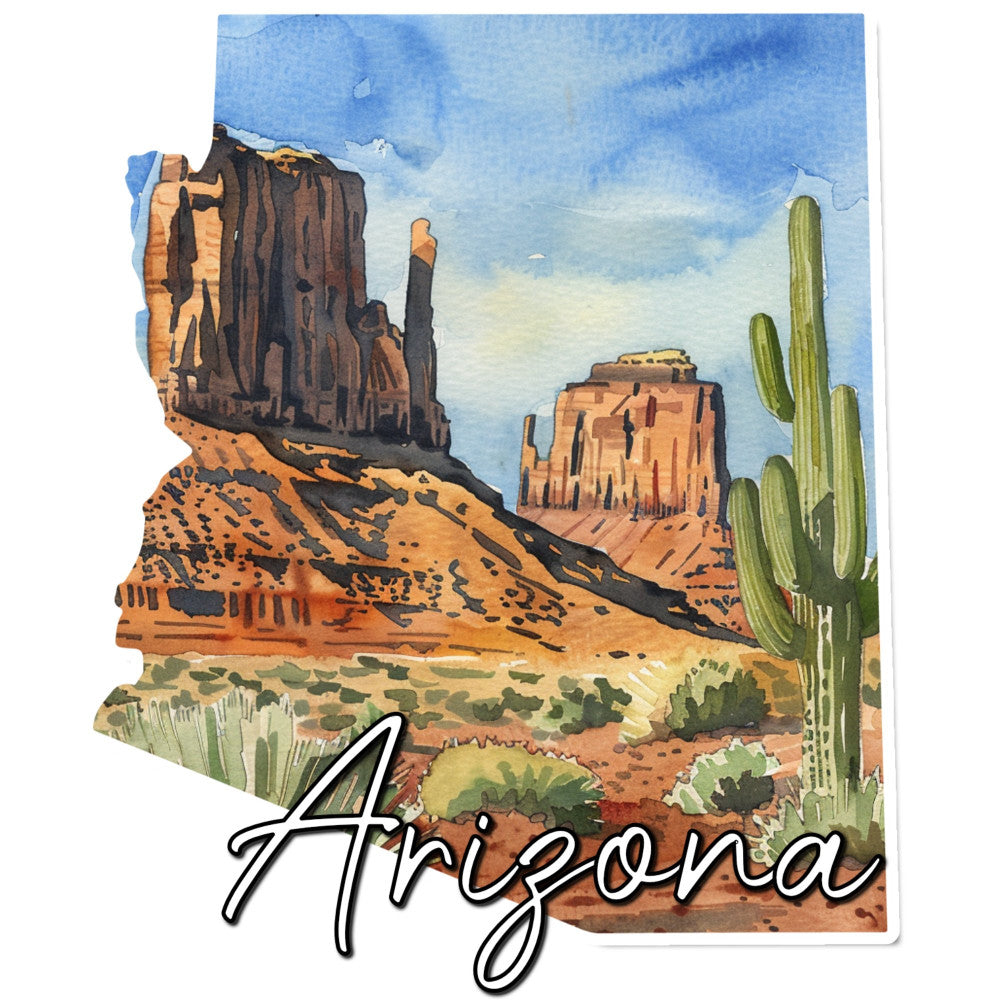 arizona, desert landscape, monument valley, saguaro cactus, buttes, southwestern, sage green, burnt orange, terracotta, tan, sandy beige, sky blue, rustic, vintage travel poster, nature scene, western, desert flora, cacti, landscape, retro, americana, scenic, state pride, travel theme, warm earth tones, wall hanging, home decor, landscape art, desert southwest