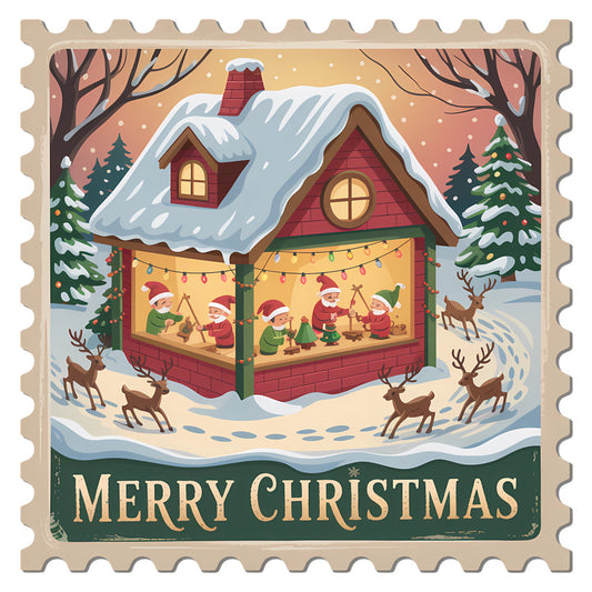 Vintage Christmas Stamps Fabric Panel 12 showing a snowy holiday scene with elves, reindeer, and a cozy cabin with Merry Christmas text.