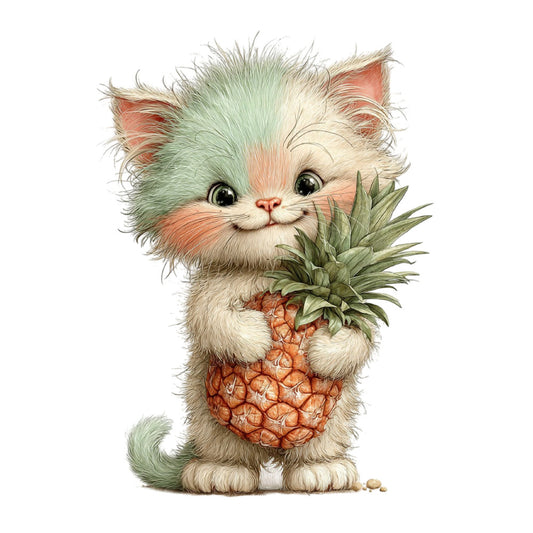 fluffy cat, whimsical, cute animals, pastel colors, mint green, coral pink, cream white, pineapple, tropical, nature, playful, children's fabric, baby quilt, nursery, soft colors, illustration style, botanical, fruit motif, fantasy, adorable, kawaii, spring, summer, decorative panel, wall hanging, storybook style, gentle, cheerful, animal fabric