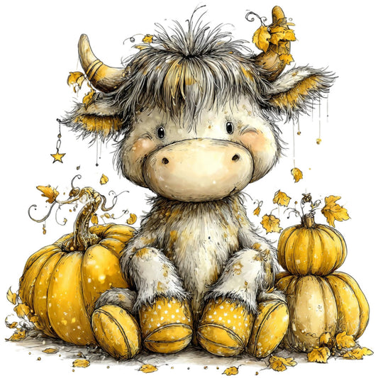 cream, gold, golden yellow, charcoal gray, autumn, fall, harvest, whimsical, cute, adorable, cow, highland cattle, highland cow, pumpkin, autumn leaves, falling leaves, stars, cozy, farmhouse, rustic, children, kids, baby, nursery, woodland, cottagecore, sweet, playful, illustration, watercolor