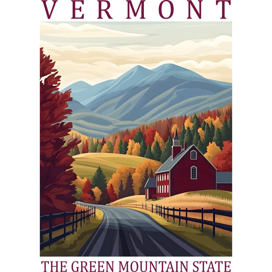 fabric panel, vermont, green mountain state, autumn foliage, fall colors, red barn, country road, mountains, rolling hills, rustic church, orange leaves, red maple, golden yellow, sage green, burgundy red, pastoral scene, new england countryside, quilting cotton, seasonal landscape, vintage poster style