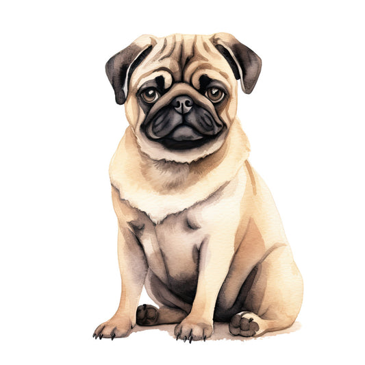 Watercolor Pug Fabric Panel 38 featuring a detailed, hand-painted pug illustration on premium quilting cotton proudly made in the USA.